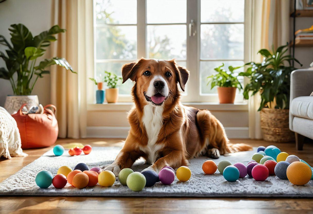 A serene living room scene featuring a happy dog playing with colorful toys, surrounded by pet wellness essentials like healthy food, cozy bedding, and indoor plants. Sunlight streaming through the window adds a warm and inviting atmosphere, with a family of dog guardians joyfully participating in the moment. Emphasize a sense of love and connection in the space. vibrant colors. super-realistic.