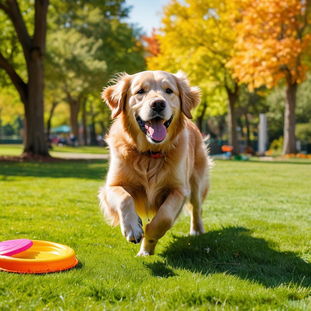 A joyful golden retriever engaging in various activities like fetching a frisbee, playing with colorful toys, and doing agility training in a sunny park. Surrounding the dog are happy families interacting and learning with their pets, showcasing a bond of love and play. The scene is bright, lively, capturing the essence of fun and enrichment in a canine's life. super-realistic. vibrant colors. outdoor setting.