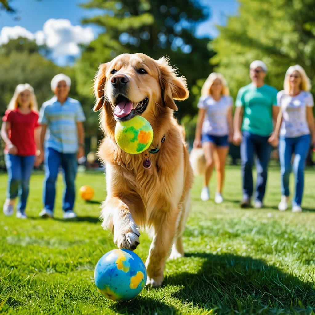 A joyful golden retriever playing with a colorful ball in a sunlit park, surrounded by happy families engaging in various activities with their pets. Include a vibrant blue sky with fluffy white clouds in the background and lush green grass underfoot. Emphasize the connection between pets and their owners through cheerful expressions and playful interactions. super-realistic. vibrant colors.